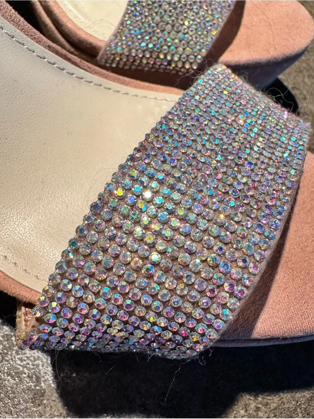 Anne Klein Pink Suede Block Heel Sandals with Rhinestone Strap 9.5